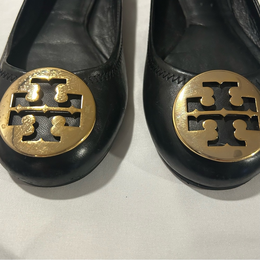 Tory Burch Black and Gold Leather Loafers - Picture 3 of 7
